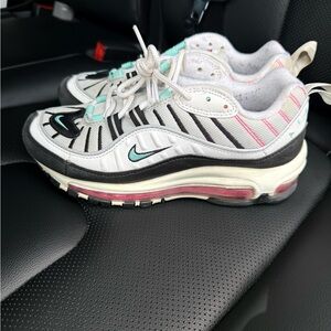 Nike Air Max 98 - White, Black, and Pink with Teal Accents